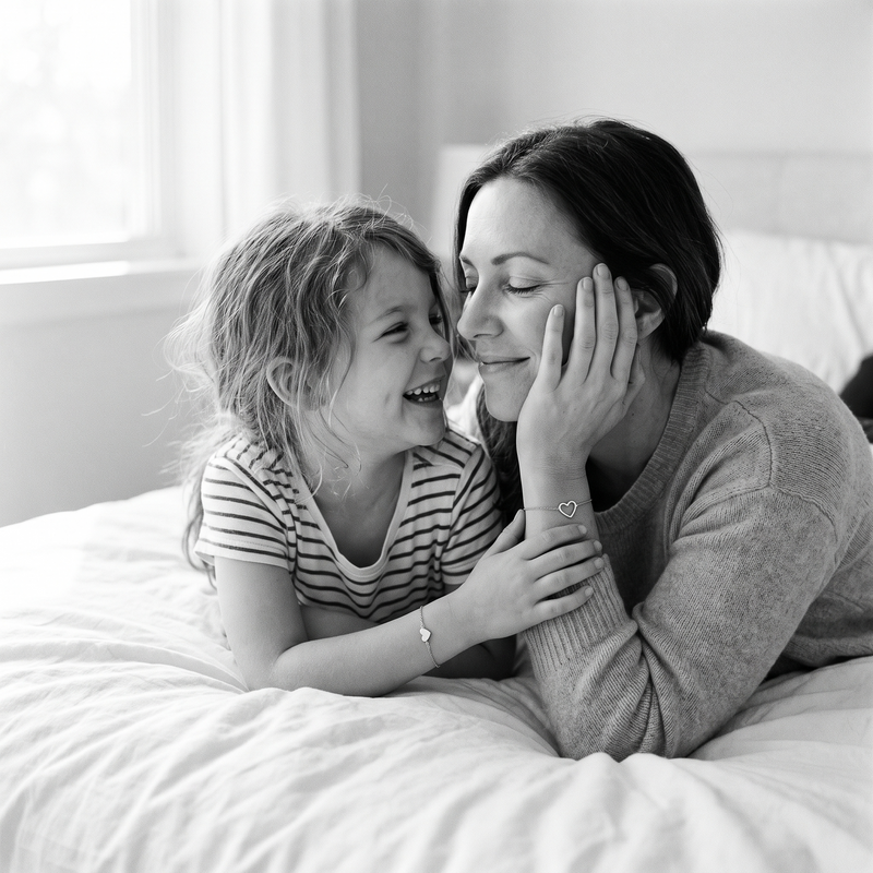 Mamma och dotter skrattar tillsammans i sängen